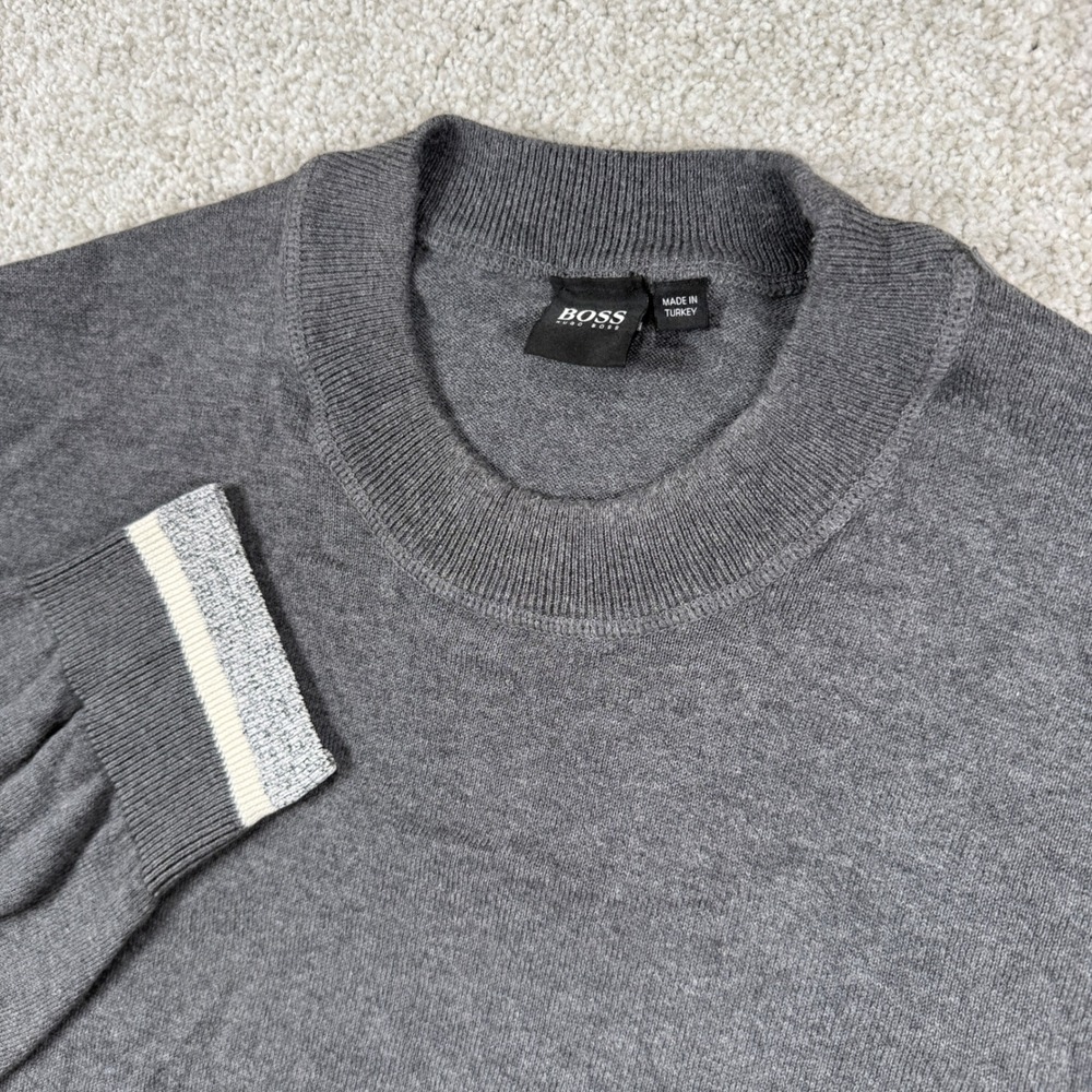 BOSS Hugo Boss Sweater Mens Large Gray Cotton Crewneck Tipped Cuff 01059